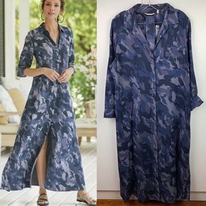 Soft Surroundings PETITE Incognito Tencel Maxi Shirt Dress Blue Camo Size XL